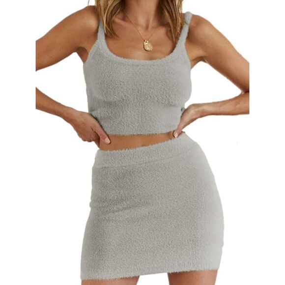 Cnkwei Gray Fuzzy Knit Sleeveless Crop Top Mini Skirt Loungewear Set Sz S - Picture 3 of 7